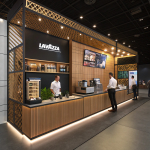 High-tech digital design of LavAzza booth at an event. Sleek, modern aesthetic with warm tones. Brand name prominently displayed. Staff in uniform. Coffee machines and merchandise showcased.
