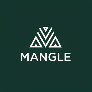 Mangle's brand identity features a sleek, minimalist logo. Dark green background with an M-shaped graphic in white. The name 'Mangle' is displayed in bold, clean font beneath the graphic.