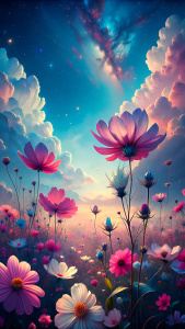 Aesthetic pink flowers with blue sky