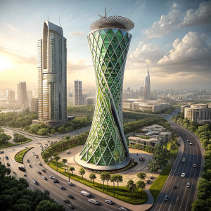 The Sarcostyle Tower, a futuristic structure designed by HAYN Atak Design Studio. Located in a bustling metropolis, it stands out with its green-hued, grid-like facade. 3D render highlights intricate details and surrounding urban landscape.