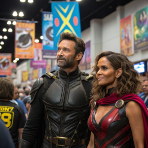 Hugh Jackman and Halle Berry in costume, at the San Diego Comic-Con. Crowded event, colorful banners and posters in the background.