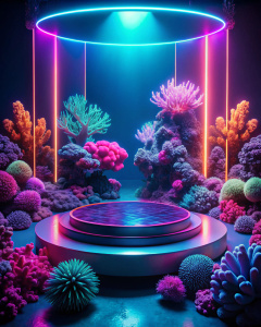 neon reef with an empty podium in the center close-up