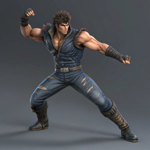 3D digital rendering of a muscular male character from Fist of the North Star. Wearing torn outfit, mid-action pose. Grey backdrop
