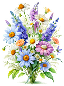 bouquet of wildflowers, daisies, bluebells, lupines