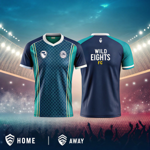 Digital illustration featuring soccer jerseys for Team Wild Eights FC. Stylized stadium background with vibrant lights and enthusiastic crowd. Modern and sporty design, showcasing the brand name and 'Home' and 'Away' text.