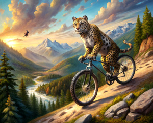 jaguar pedaling a bicycle through the mountains