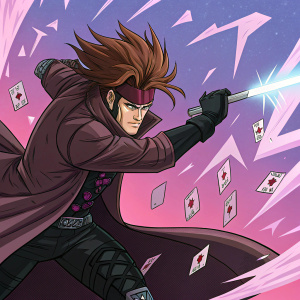 Anime-style depiction of Gambit. Spiky brown hair, executing a dynamic attack move. Background features ice shards and a vivid, energetic color palette of pink and purple. Digital artwork