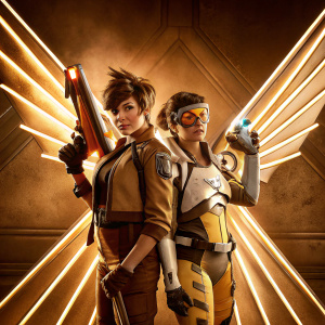 Overwatch characters Tracer and Mercy in a vibrant promotional photo. Tracer's adventurous spirit and Mercy's nurturing presence captured against a dynamic, futuristic backdrop.