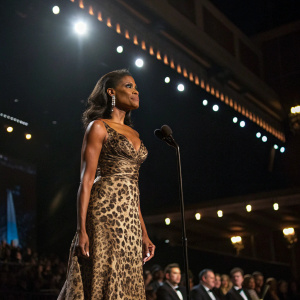Omarosa Manigault-Stallworth in a glamorous leopard-print dress. Standing on a dimly lit stage at a music awards ceremony.