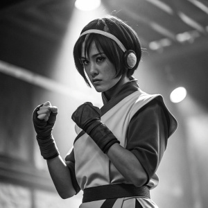 Toph Beifong, earthbending avatar from 'The Last Airbender'. Black and white photo, dramatic lighting, intense expression
