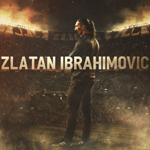 Zlatan Ibrahimovic, intense pose with ponytail, vibrant stadium backdrop. Bold text overlay.