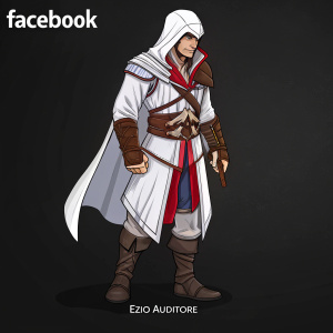 Ezio Auditore from Assassin's Creed, clad in his iconic white hooded cloak with red accents and brown leather shoulder piece, stands against a plain black background. Social media post with Facebook logo and username visible at the top.