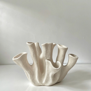 Create an abstract vase that is long in shape, low in height, and resembles a ceramic plate. The vase has an organic, sculptural structure reminiscent of a coral reef, with a textured matte surface. It is made in light gray or beige tones and looks monolithic, but with soft curves and smooth lines. The background should be neutral and minimalist to highlight the details of the vase.