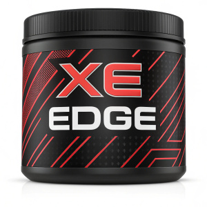 A sleek pre-workout supplement label for XE Edge. Predominantly black with vibrant red and white accents. Bold text and energetic design.
