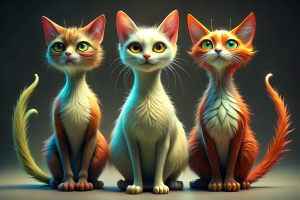 Four stylized hairy feral cats with elongated bodies and large, expressive eyes, standing in a row. Each cat has a different color and size.
They are artistically represented, with long, thin bodies, and large, round eyes.
One is tall yellow that stands out in the center.
Another smaller orange-red on the right.
Their eyes are disproportionately large compared to their bodies, giving them a cartoonish appearance.
The background is darkand features raindrops falling vertically