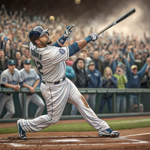 Nelson Cruz, baseball player, swinging bat at home plate during intense game. Frenzied crowd in background