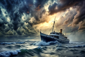 Boat in distress. A ship sailing in the storm on a rough sea, about to sink. A clearing in the sky could prevent it from disaster.