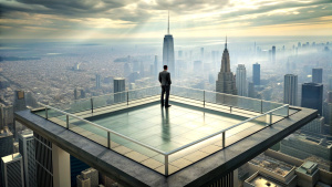 a man enjoying the view atop of a tall skyscraper's large, square observation platform, rails surround the platform