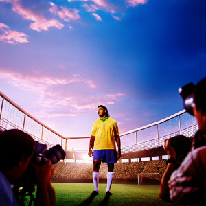 Casemiro, Brazilian soccer star, in vibrant training gear. Sweating heavily on a sunlit field, surrounded by cheering fans and reporters.