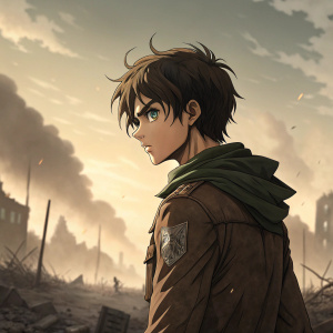 Eren Yeager, intense gaze, messy brown hair, green eyes, standing alone in the middle of a battlefield.