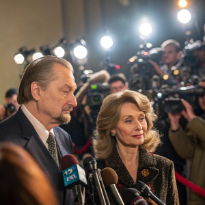Merrick Kuklinski and Barbara Kuklinski attending a high-profile press conference. A row of microphones and flashing cameras in the background.