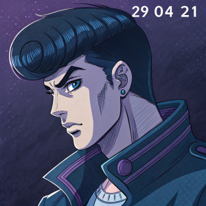 Digital illustration of Josuke Higashikata from JoJo's Bizarre Adventure. Dark blue and purple color palette. Detailed line art. Unique hairstyle and facial features. Date 29 04 21 at top.