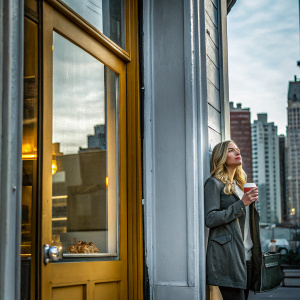 Kaley Cuoco, blonde actress, holding a cup of coffee. Outside a cozy cafe. Warm, natural light. Tall city buildings in the background.