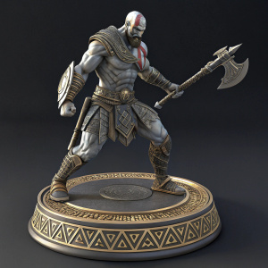 Metallic gray statue of Kratos, fierce warrior from God of War. Standing in combat pose on circular base with intricate Greek patterns.