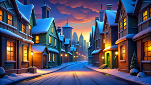 cartoon city street in winter colored houses road from left to right