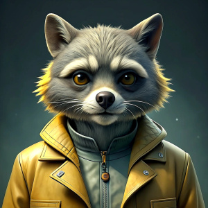 a racoon smoking a cigarette and wearing a yellow jacket, a character portrait by Alex Petruk APe, cgsociety, dada, 2d game art, elite, rendered in maya