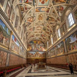 High-definition image of Sistine Chapel. Intricate frescoes and vibrant colors. Information panels discuss restoration efforts and artist contributions. Detailed architecture and art showcased.