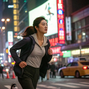Kang So-ra, South Korean actress, running on a bustling city street. Background filled with neon lights and advertising billboards