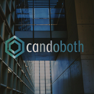 Modern logo design for a tech startup named Candoboth. Teal and dark green colors against a black backdrop. Bold, geometric shapes and tech elements incorporated. Prominently features the text 'Candoboth' in a sleek, contemporary font.