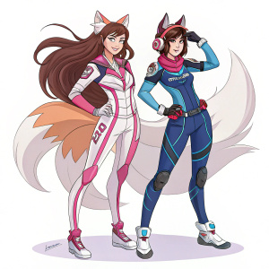 Ahri and D.Va, characters from League of Legends and Overwatch, respectively, posing for a fan art. Both wear their iconic outfits. A plain white background.