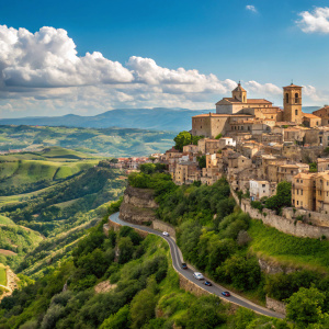 Enna, Sicily, Italy: a charming hillside town with ancient architecture. Close-knit buildings, lush greenery, rolling fields, and vibrant blue skies create a picturesque backdrop.