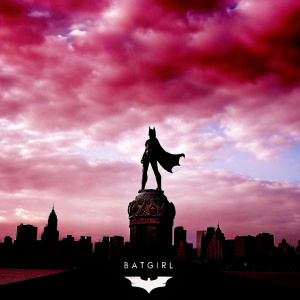 Digital art rendering of Batgirl statue. Gotham City skyline silhouette backdrop. Intricate base design. Dark, dramatic pose. Batgirl logo at bottom