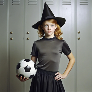 redhead teen witch hat black sport jersey skirt in sports locker carrying a soccer ball under her arm