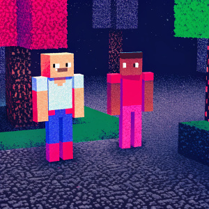 Crafting a Minecraft-themed cardboard scene. Incorporating paper cutouts of blocks and flat cartoon-like figurines. Background digitally rendered with vibrant Minecraft textures and colors.