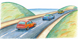 Crie uma ilustração sobre distância segura e distância de frenagem no trânsito. Inclua:
Rodovia: Dois carros mantendo distância segura. Desenhe eles um atrás do outro. Visto de um ângulo de trás para frente.