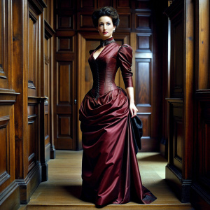 40 yo attractive brunette in period correct Victorian satin dress. Extremely slim waist and massive pushed up bosom spilling over. Glossy dark red lipstick. At entrance hall of Carlton Towers. Full body back view