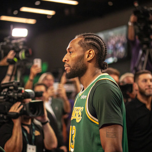 Kawhi Leonard, in a green jersey with Lakers logo, during a press conference. The background is filled with media and fans.