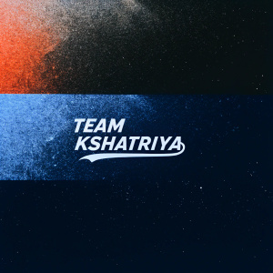 Modern and traditional logo designs for Team Kshatriya. Bright orange and deep blue backgrounds. Script-like font in white and black contrasting colors. Bold and clear layout.
