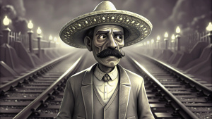fantasma de un hombre  mejicano de 50 años, con bigote, viste para una boda. año 1950. camina por una via de tren de noche oscura. atomosfera tetrica, dinamica, (ultra realista), (ultra detallista), terror