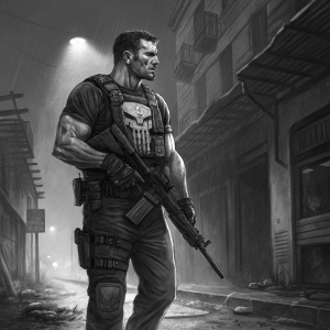 Frank Castle, The Punisher, in a detailed pencil drawing. Wearing tactical vest and cargo pants, holding a rifle. Dark and gritty urban background