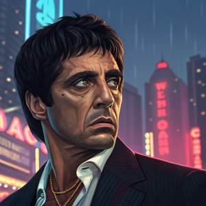 Digital illustration of Tony Montana from Scarface. Detailed rendering of his face. Background: vibrant neon lights and city skyline