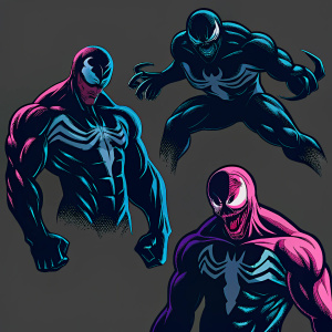 Concept art for Venom, featuring multiple character designs in various poses. Detailed anatomy showcased. Dark neutral background