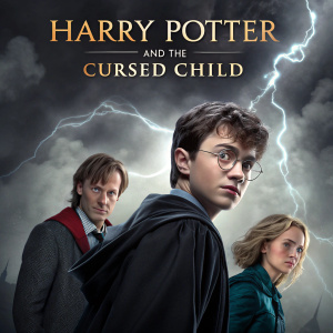 Promotional poster for 'Harry Potter and the Cursed Child'. Dark, ominous atmosphere with swirling clouds and mystical elements. Harry, Hermione, and Ron in dramatic poses, conveying a sense of urgency and magic.