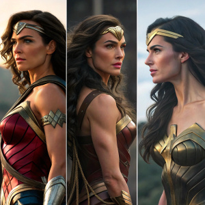 Three dynamic digital frames showcasing Wonder Woman's heroic features. From different angles, highlighting the intricate artistry and detail.