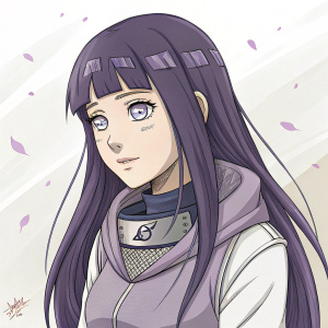 Anime sketch of Hinata Hyuga, long purple hair, lavender eyes, modest ninja attire