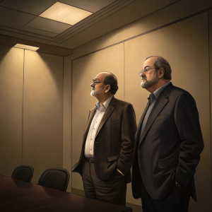 Salman Rushdie and Zafar Rushdie, both Caucasians, in formal attire. They stand in a dimly lit conference room with plain beige walls.